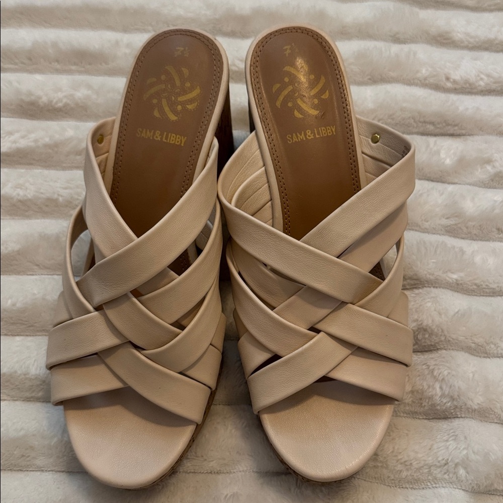 Sam & Libby Neutral Beige Crisscross Cork Wedge Slides - Picture 2 of 6